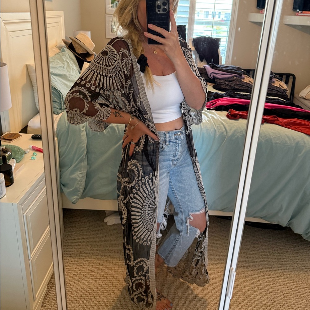 Black & White Embroidered Sheer Maxi Kimono Duster
